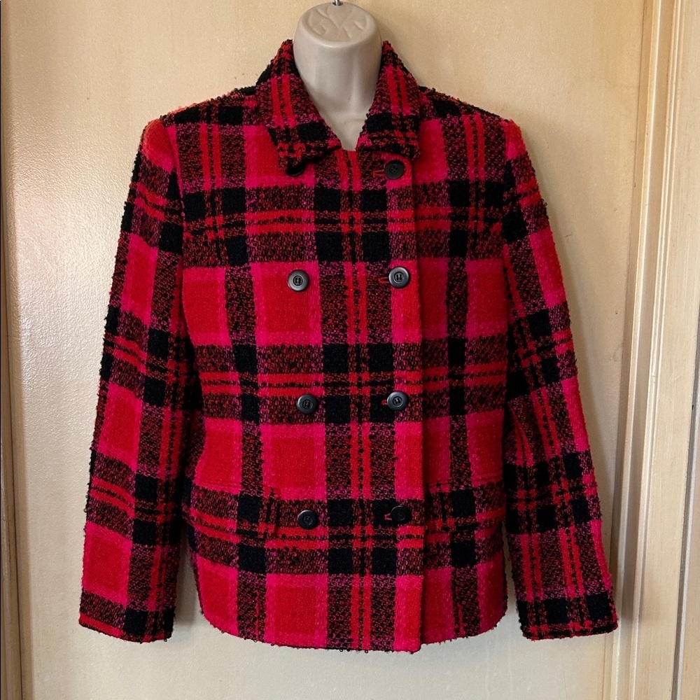 Valerie Stevens Vintage Red, Pink and Black Plaid Tweed Jacket size 10P